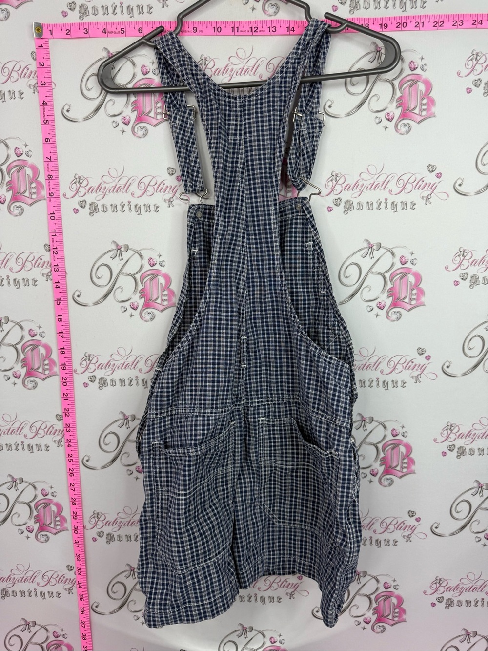 725 originals vintage overalls Girls Navy Plaid Short Overalls Jumper Romper - Picture 2 of 10